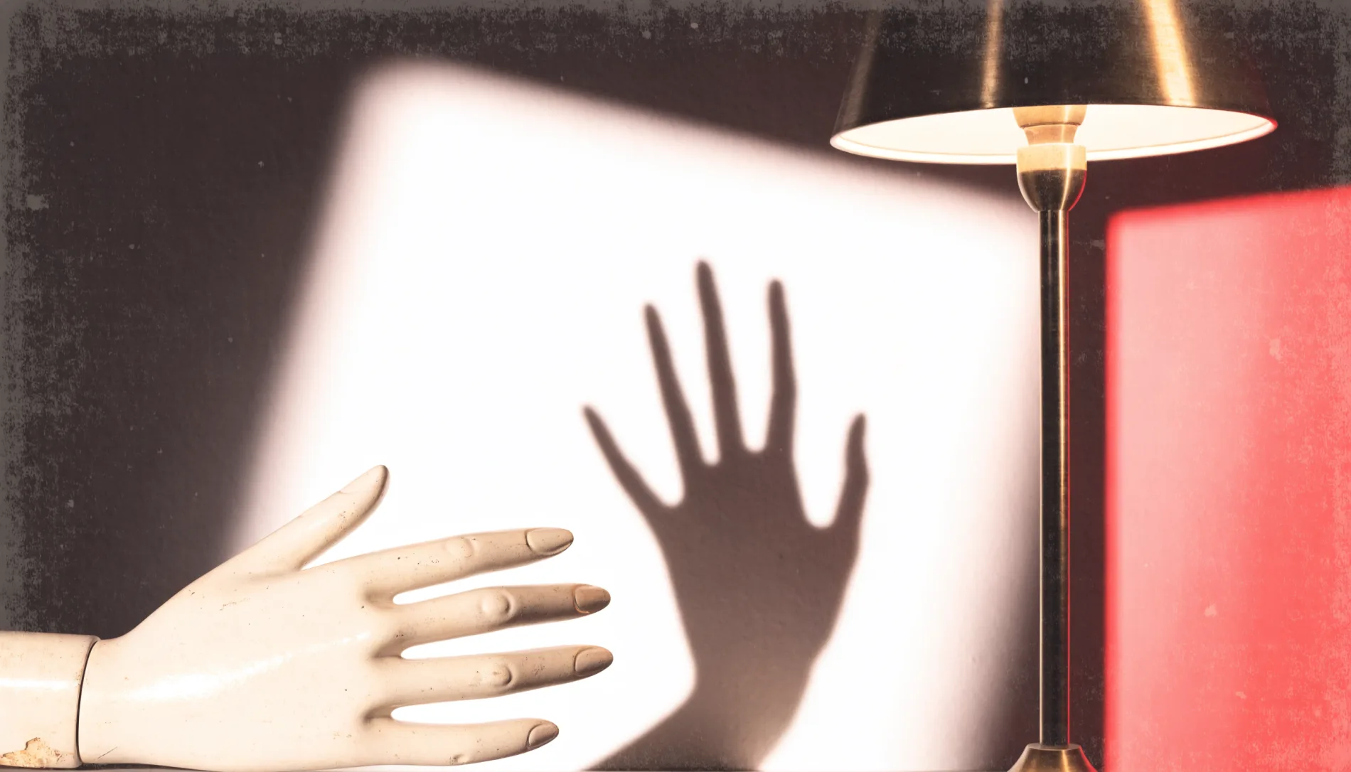 Mannequin hand and a real hand shadow under lamp light