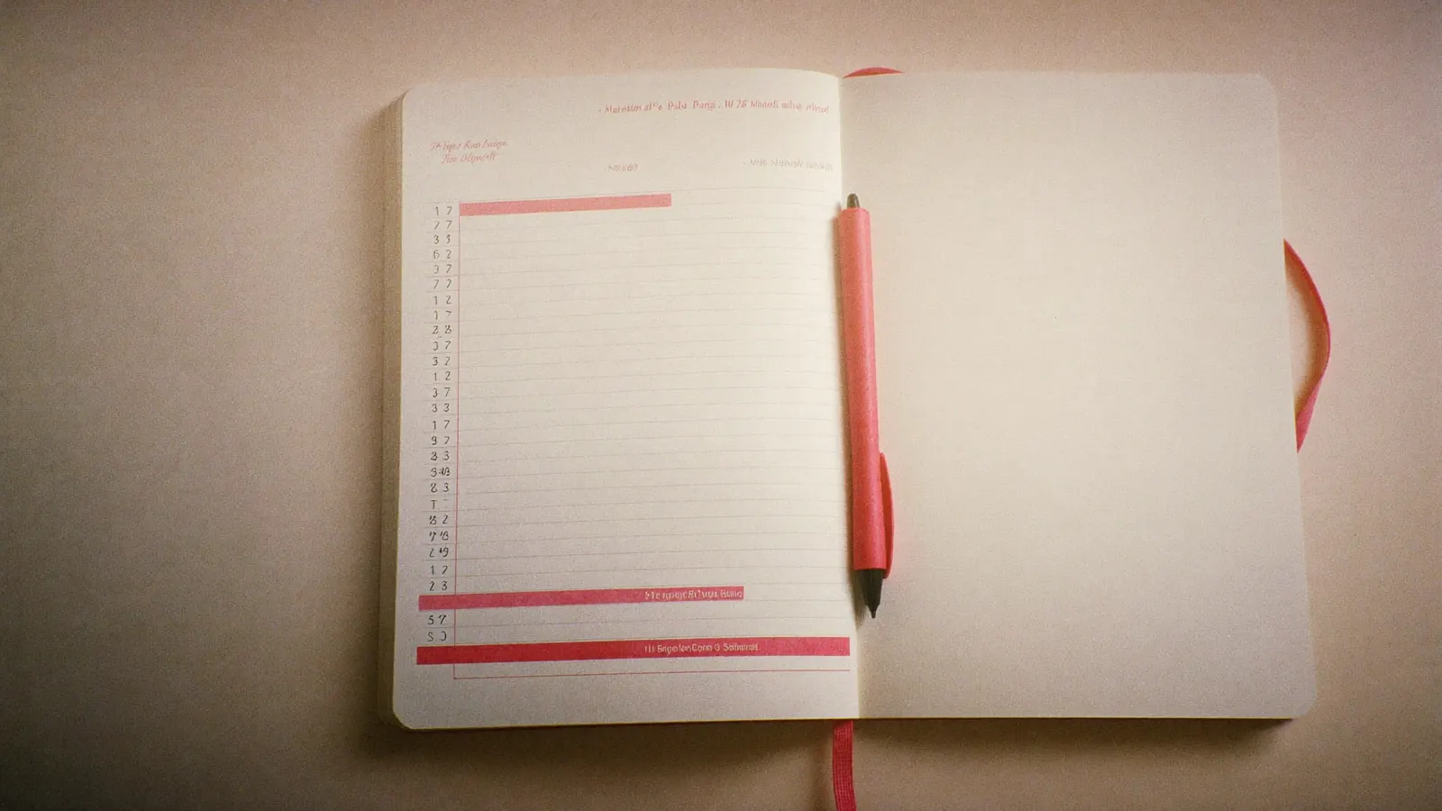 A notebook with a checklist page left blank and a red pen, warm morning light
