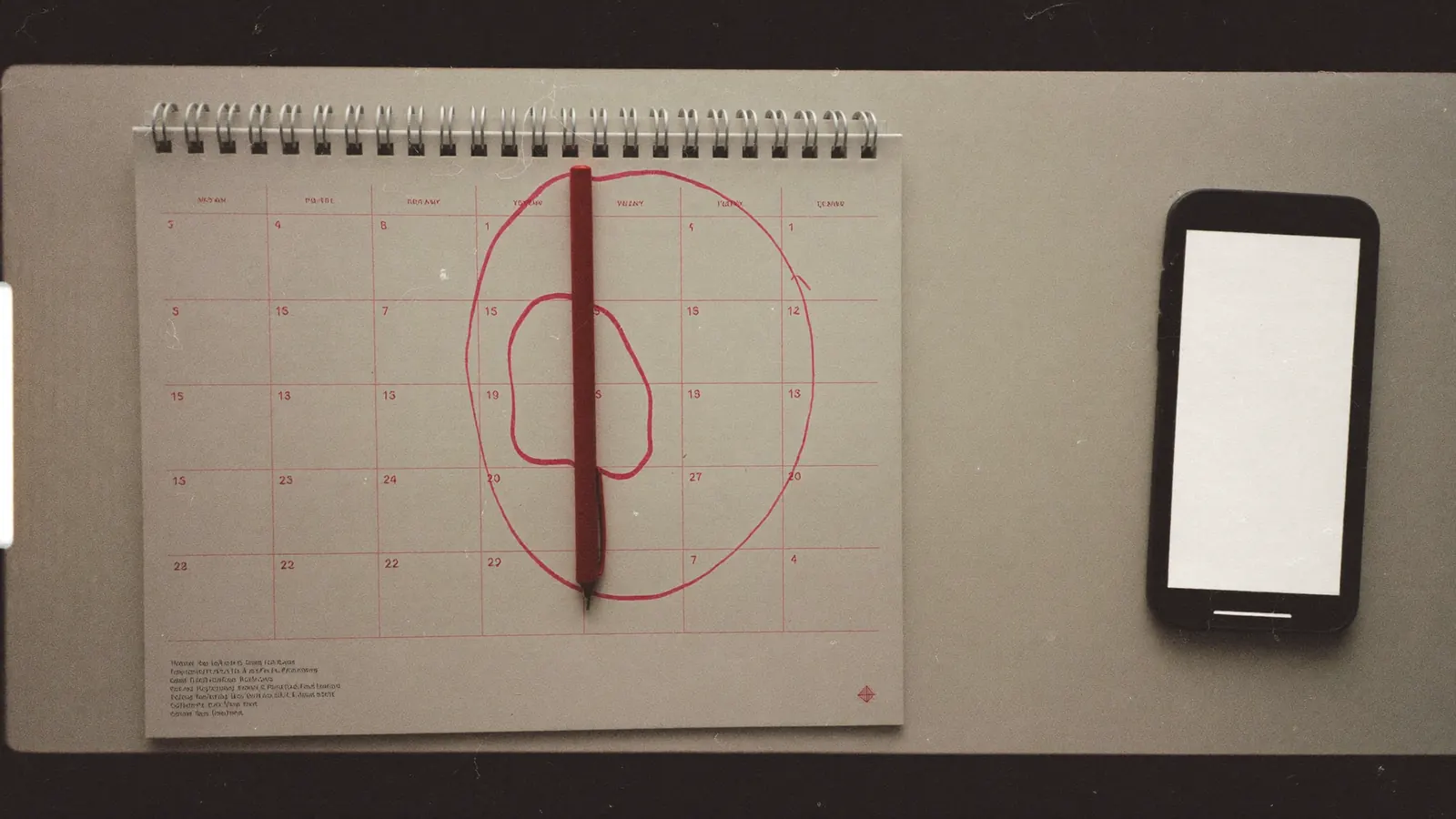 A paper wall calendar with a few days circled in red pen next to a phone on a desk
