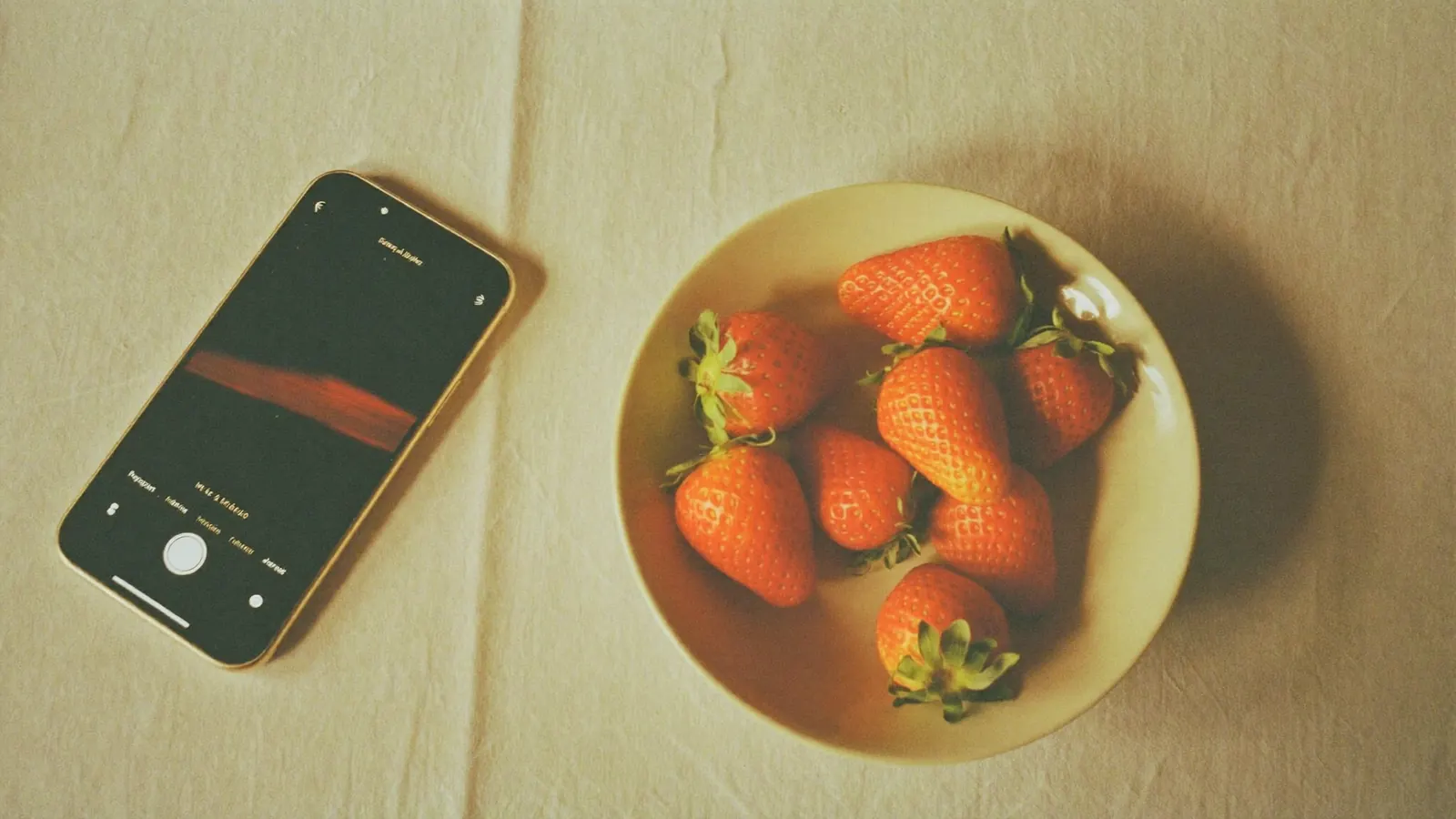 A phone next to a bowl of strawberries on white linen