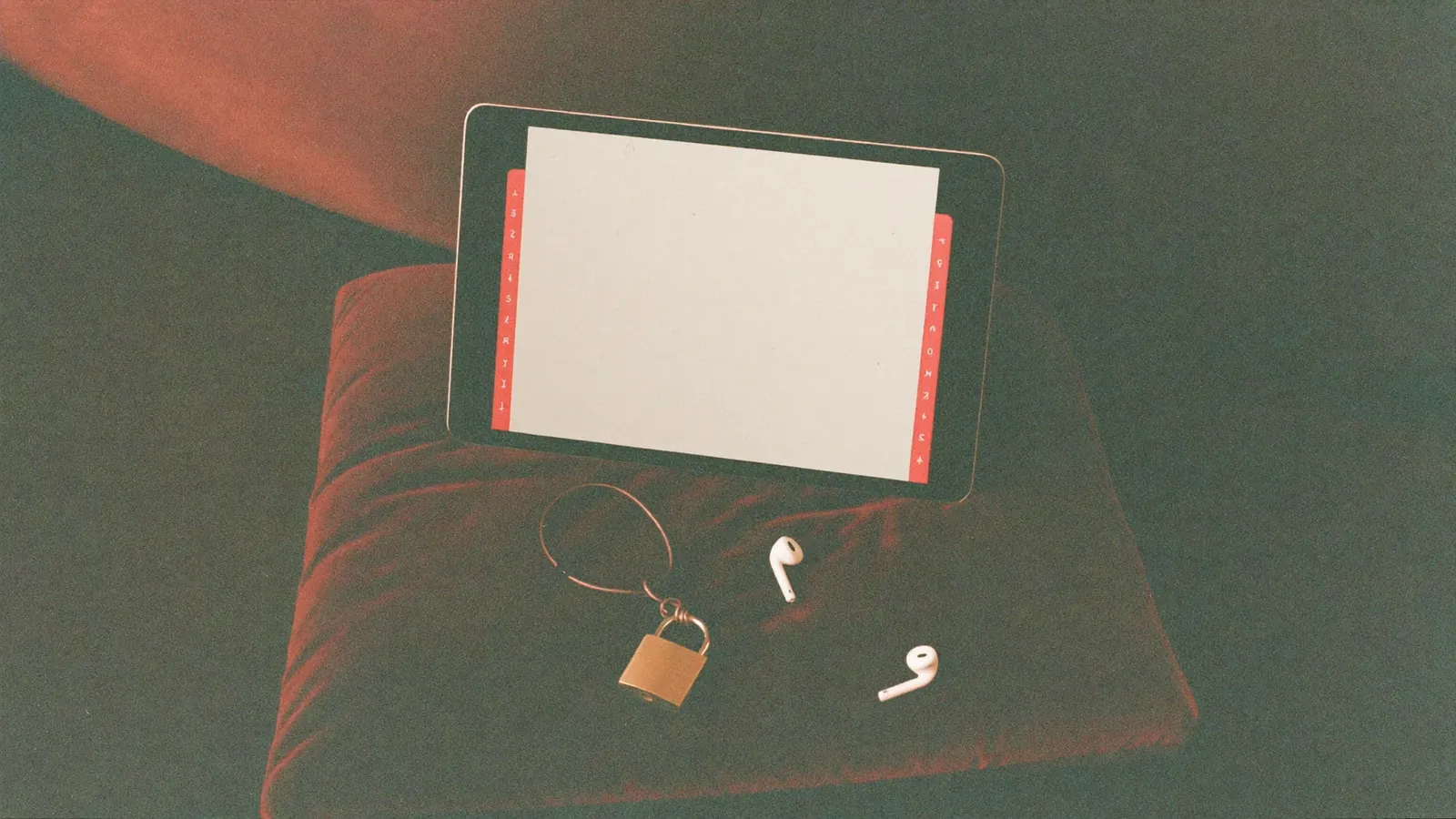 Tablet on a velvet cushion beside a small padlock and earbuds