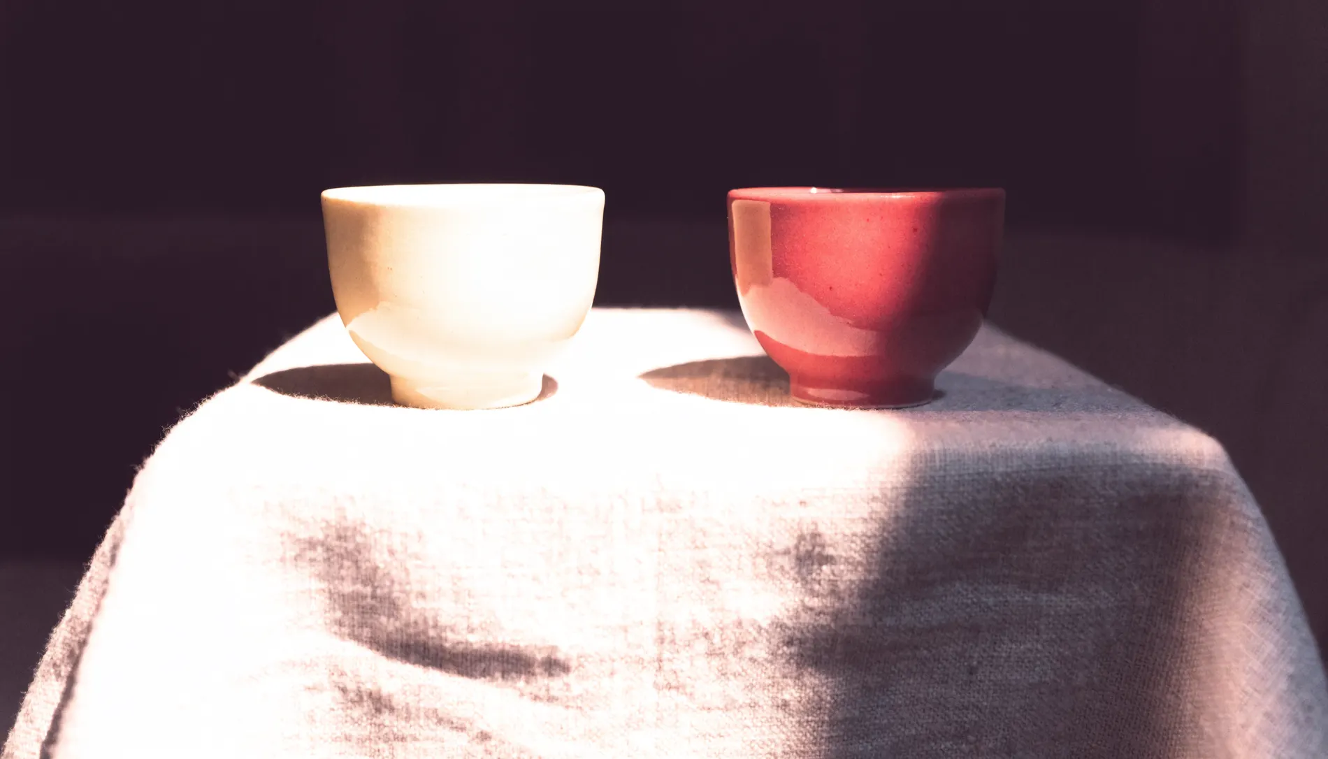 Two cups on linen, one lit and one in shadow